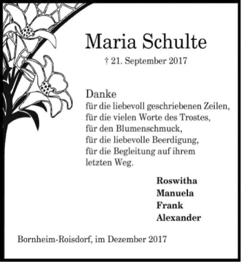 Anzeige von Maria Schulte von  Schaufenster/Blickpunkt 