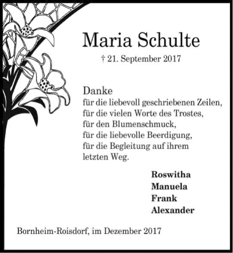  Traueranzeige für Maria Schulte vom 06.12.2017 aus  Schaufenster/Blickpunkt 
