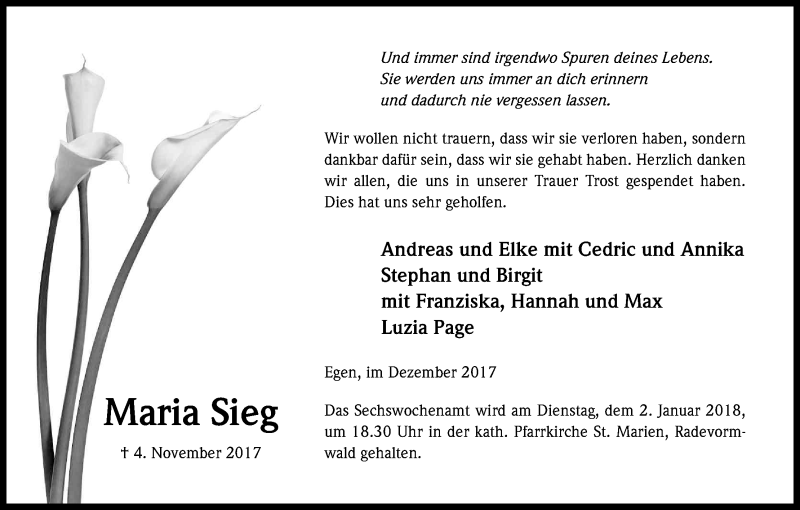  Traueranzeige für Maria Sieg vom 21.12.2017 aus Kölner Stadt-Anzeiger / Kölnische Rundschau / Express