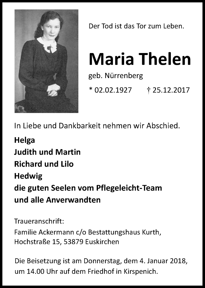  Traueranzeige für Maria Thelen vom 30.12.2017 aus Kölner Stadt-Anzeiger / Kölnische Rundschau / Express