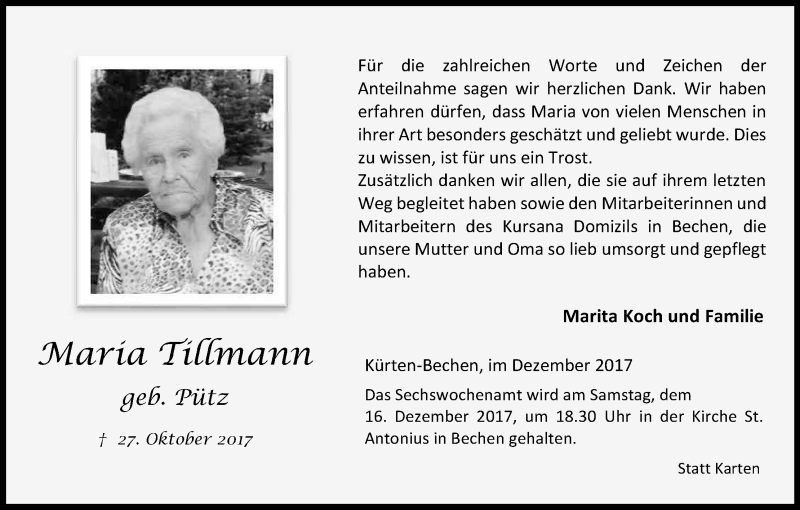  Traueranzeige für Maria Tillmann vom 09.12.2017 aus Kölner Stadt-Anzeiger / Kölnische Rundschau / Express