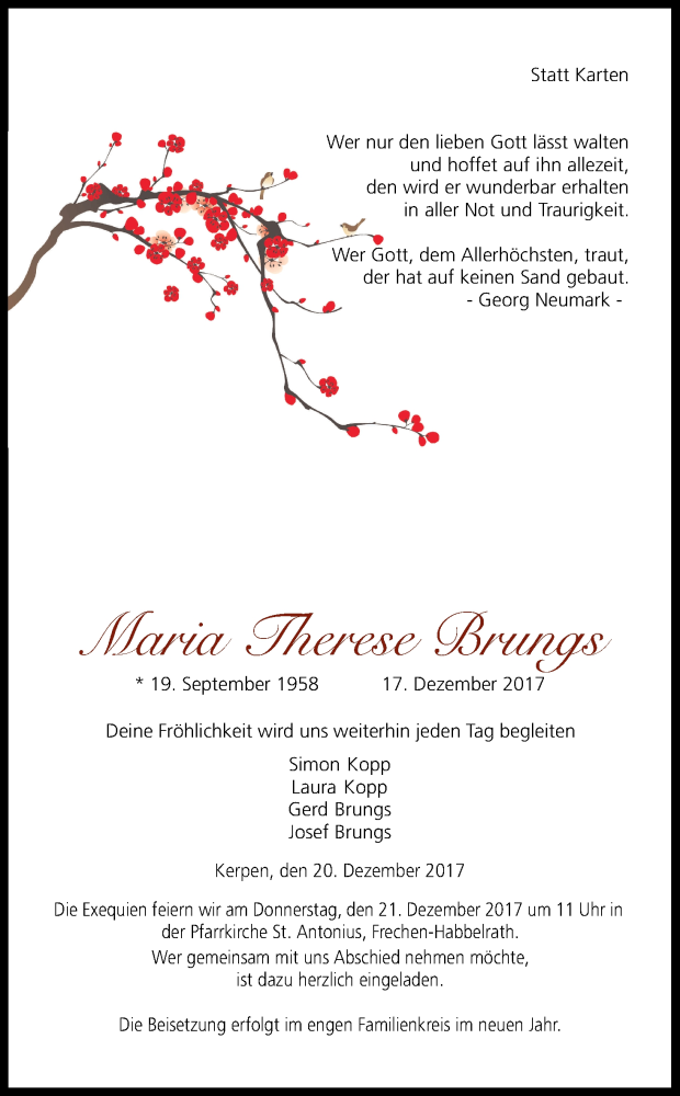  Traueranzeige für Maria Therese Brungs vom 20.12.2017 aus Kölner Stadt-Anzeiger / Kölnische Rundschau / Express