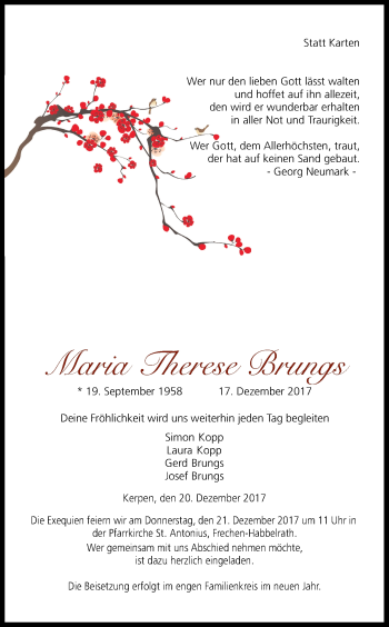 Anzeige von Maria Therese Brungs von Kölner Stadt-Anzeiger / Kölnische Rundschau / Express