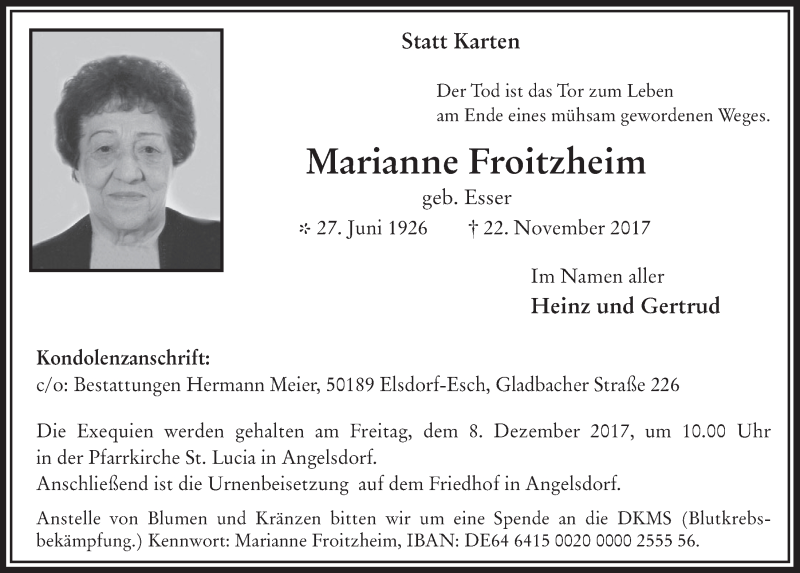  Traueranzeige für Marianne Froitzheim vom 06.12.2017 aus  Werbepost 