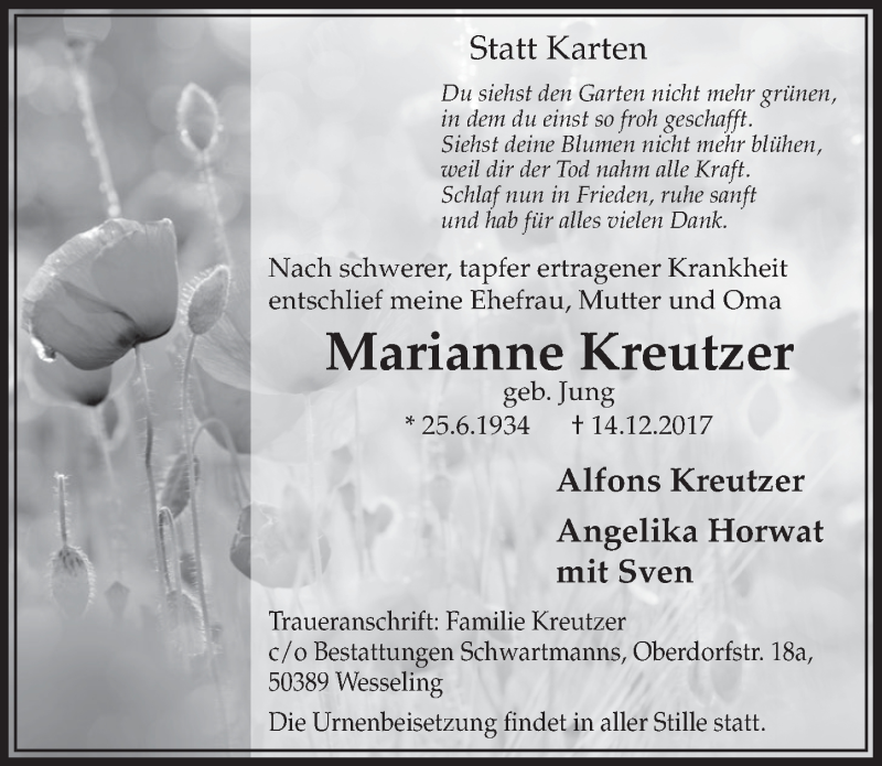  Traueranzeige für Marianne Kreutzer vom 20.12.2017 aus  Schlossbote/Werbekurier 