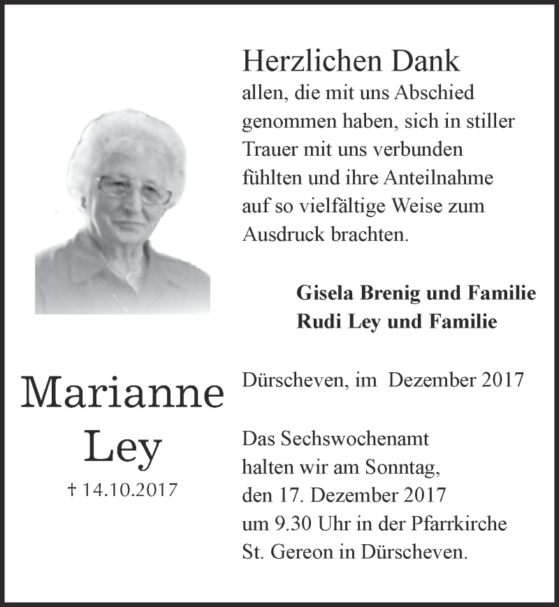  Traueranzeige für Marianne Ley vom 09.12.2017 aus  Blickpunkt Euskirchen 