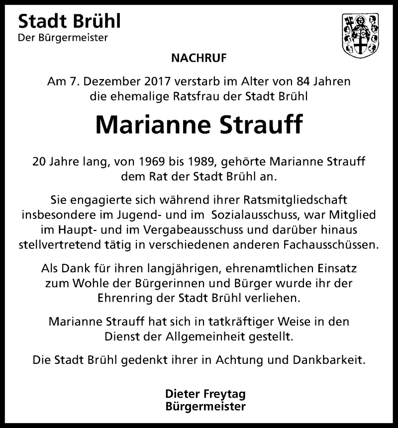  Traueranzeige für Marianne Strauff vom 14.12.2017 aus Kölner Stadt-Anzeiger / Kölnische Rundschau / Express
