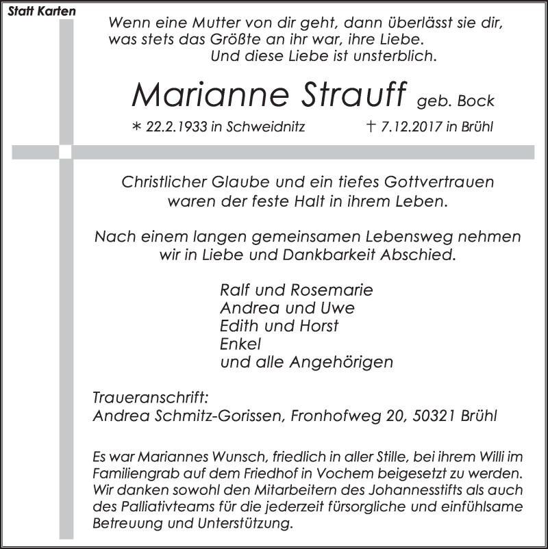 Traueranzeige für Marianne Strauff vom 13.12.2017 aus  Schlossbote/Werbekurier 