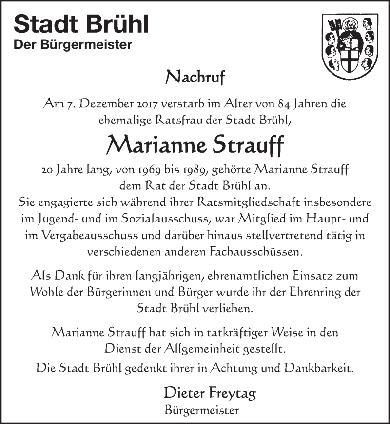  Traueranzeige für Marianne Strauff vom 20.12.2017 aus  Schlossbote/Werbekurier 