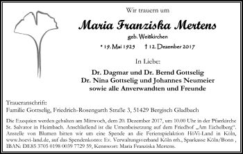 Anzeige von Marie Franziska Mertens von Kölner Stadt-Anzeiger / Kölnische Rundschau / Express