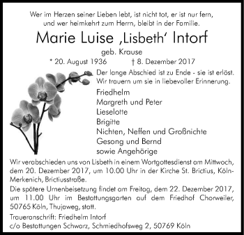 Anzeige von Marie Luise Intorf von Kölner Stadt-Anzeiger / Kölnische Rundschau / Express