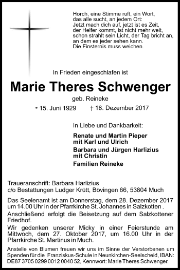 Anzeige von Marie Theres Schwenger von Kölner Stadt-Anzeiger / Kölnische Rundschau / Express