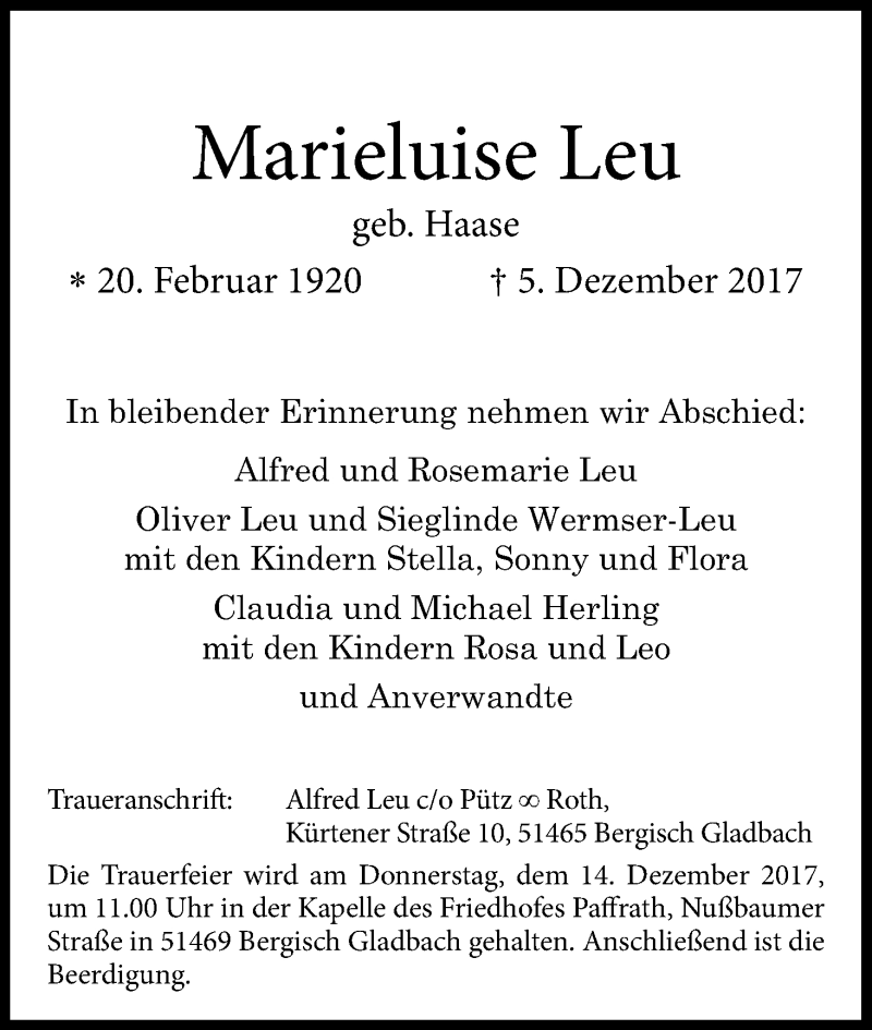  Traueranzeige für Marieluise Leu vom 11.12.2017 aus Kölner Stadt-Anzeiger / Kölnische Rundschau / Express