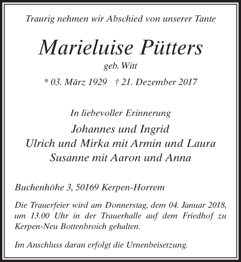  Traueranzeige für Marieluise Pütters vom 30.12.2017 aus  Sonntags-Post 