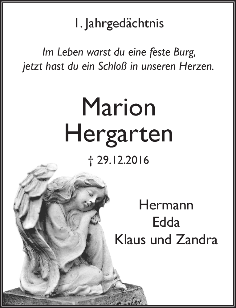  Traueranzeige für Marion Hergarten vom 28.12.2017 aus  Extra Blatt 