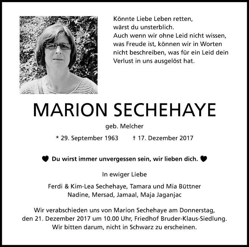  Traueranzeige für Marion Sechehaye vom 19.12.2017 aus Kölner Stadt-Anzeiger / Kölnische Rundschau / Express
