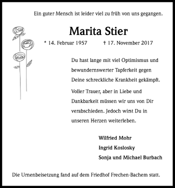 Anzeige von Marita Stier von Kölner Stadt-Anzeiger / Kölnische Rundschau / Express