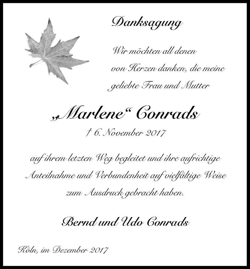 Traueranzeige für Marlene Conrads vom 09.12.2017 aus Kölner Stadt-Anzeiger / Kölnische Rundschau / Express