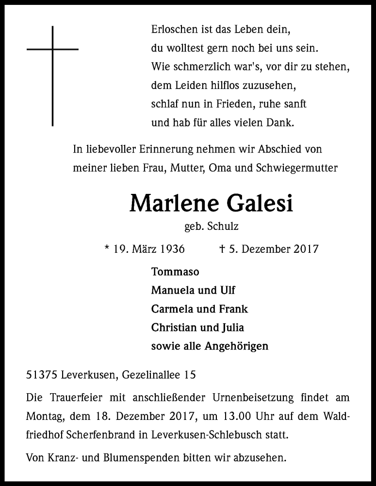  Traueranzeige für Marlene Galesi vom 13.12.2017 aus Kölner Stadt-Anzeiger / Kölnische Rundschau / Express