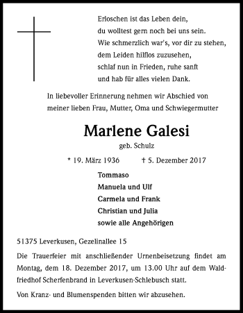 Anzeige von Marlene Galesi von Kölner Stadt-Anzeiger / Kölnische Rundschau / Express