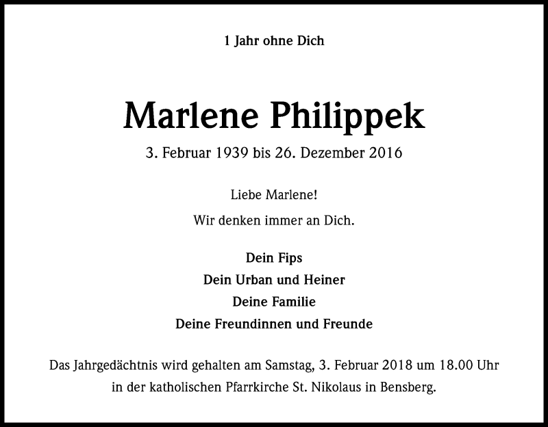  Traueranzeige für Marlene Philippek vom 27.12.2017 aus Kölner Stadt-Anzeiger / Kölnische Rundschau / Express
