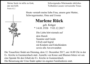Anzeige von Marlene Rück von Kölner Stadt-Anzeiger / Kölnische Rundschau / Express