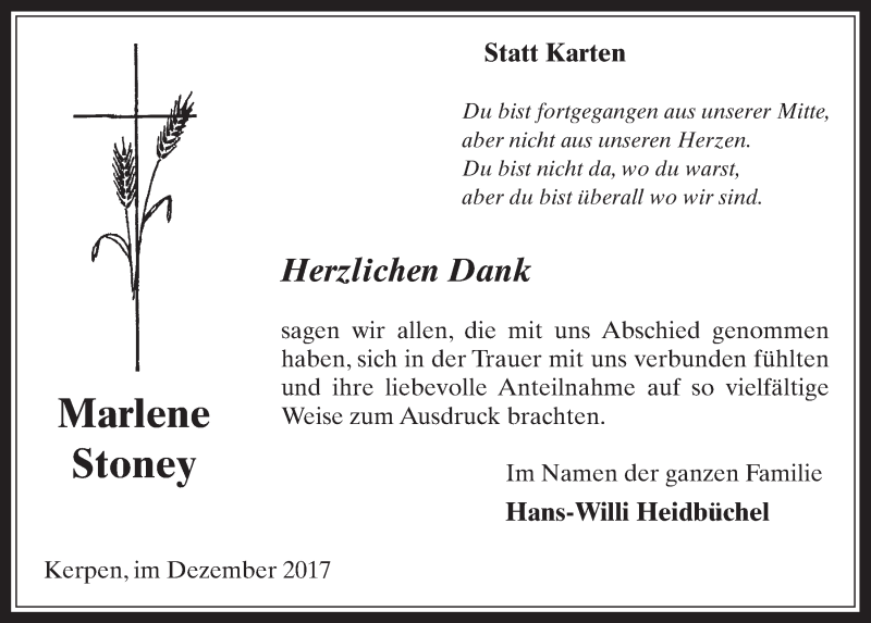  Traueranzeige für Marlene Stoney vom 16.12.2017 aus  Sonntags-Post 