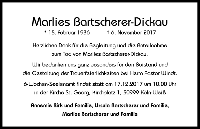  Traueranzeige für Marlies Bartscherer-Dickau vom 09.12.2017 aus Kölner Stadt-Anzeiger / Kölnische Rundschau / Express