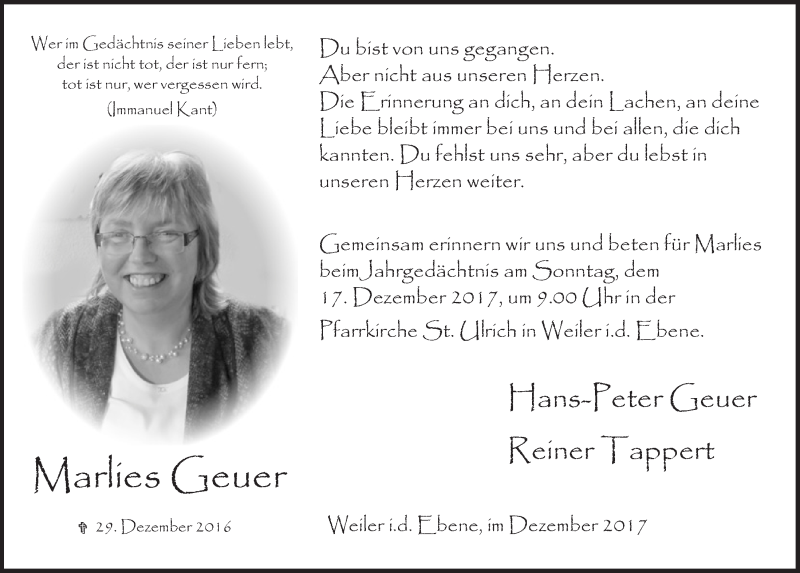  Traueranzeige für Marlies Geuer vom 09.12.2017 aus  Blickpunkt Euskirchen 