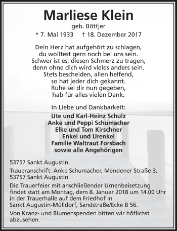 Anzeige von Marliese Klein von  Extra Blatt 