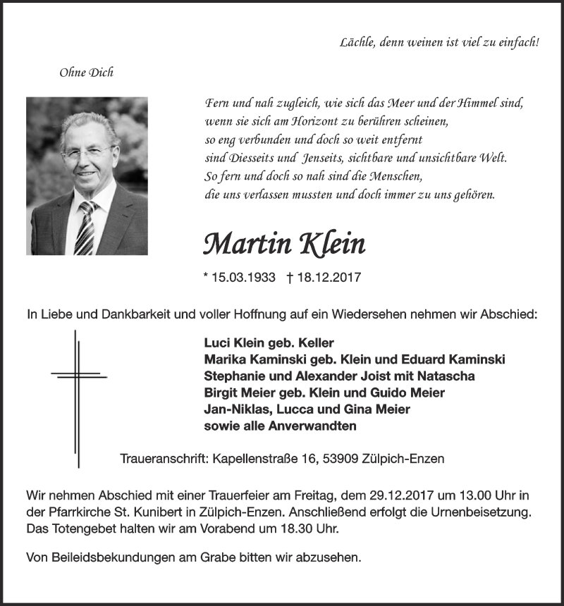  Traueranzeige für Martin Klein vom 23.12.2017 aus  Blickpunkt Euskirchen 