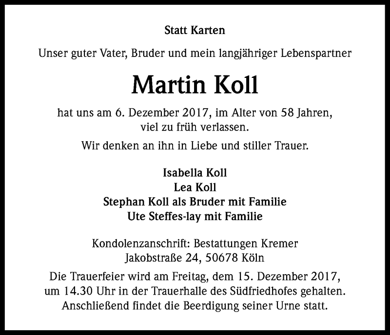  Traueranzeige für Martin Koll vom 13.12.2017 aus Kölner Stadt-Anzeiger / Kölnische Rundschau / Express