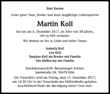 Anzeige von Martin Koll von Kölner Stadt-Anzeiger / Kölnische Rundschau / Express