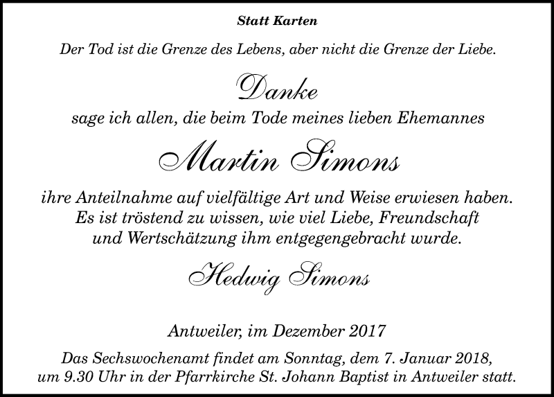  Traueranzeige für Martin Simons vom 30.12.2017 aus  Blickpunkt Euskirchen 