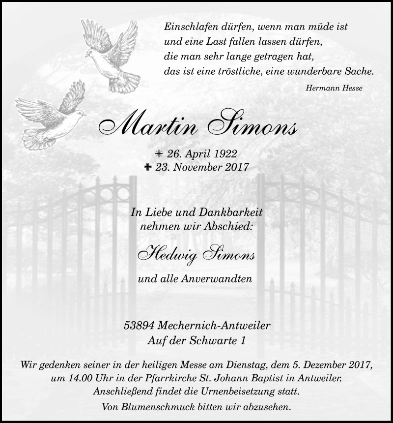  Traueranzeige für Martin Simons vom 02.12.2017 aus  Blickpunkt Euskirchen 