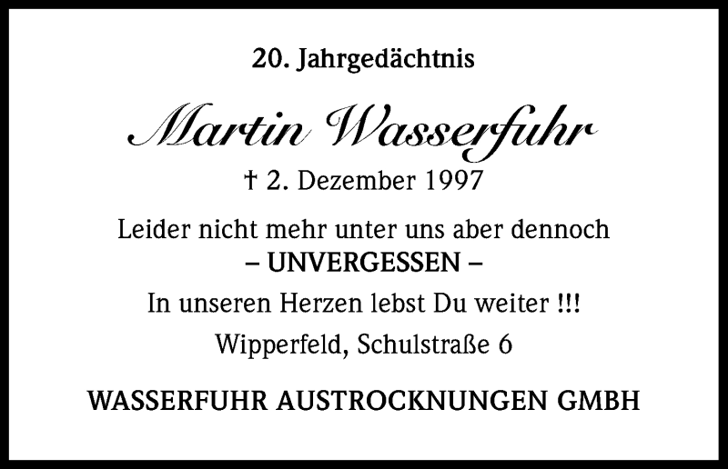  Traueranzeige für Martin Wasserfuhr vom 02.12.2017 aus Kölner Stadt-Anzeiger / Kölnische Rundschau / Express