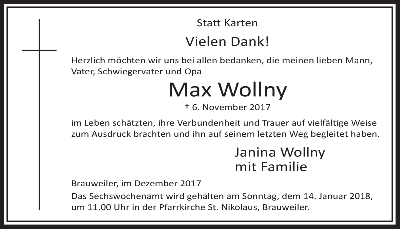  Traueranzeige für Max Wollny vom 02.12.2017 aus  Sonntags-Post 