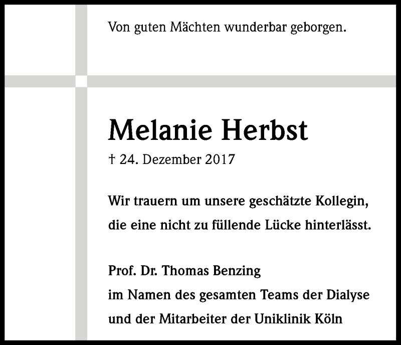  Traueranzeige für Melanie Herbst vom 30.12.2017 aus Kölner Stadt-Anzeiger / Kölnische Rundschau / Express