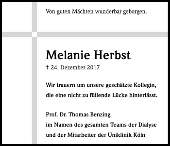 Anzeige von Melanie Herbst von Kölner Stadt-Anzeiger / Kölnische Rundschau / Express