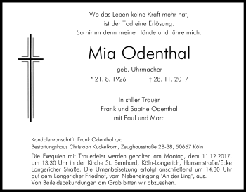 Anzeige von Mia Odenthal von Kölner Stadt-Anzeiger / Kölnische Rundschau / Express