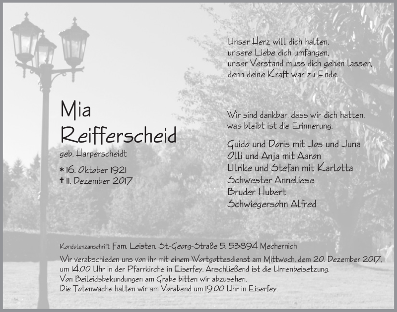  Traueranzeige für Mia Reifferscheid vom 16.12.2017 aus  Blickpunkt Euskirchen 