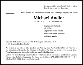 Anzeige von Michael Andler von Kölner Stadt-Anzeiger / Kölnische Rundschau / Express