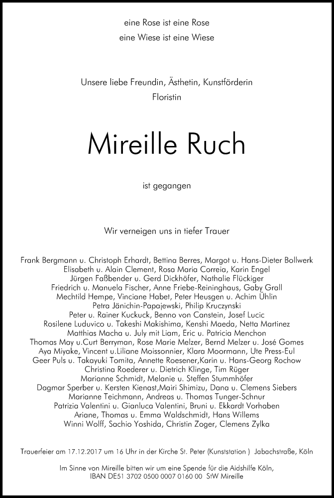  Traueranzeige für Mireille Ruch vom 09.12.2017 aus Kölner Stadt-Anzeiger / Kölnische Rundschau / Express