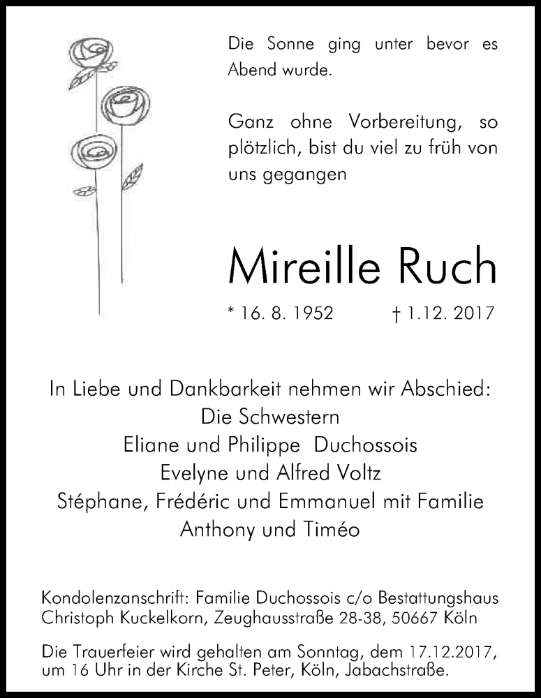  Traueranzeige für Mireille Ruch vom 09.12.2017 aus Kölner Stadt-Anzeiger / Kölnische Rundschau / Express