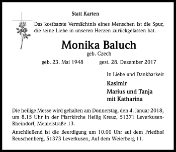 Anzeige von Monika Baluch von Kölner Stadt-Anzeiger / Kölnische Rundschau / Express