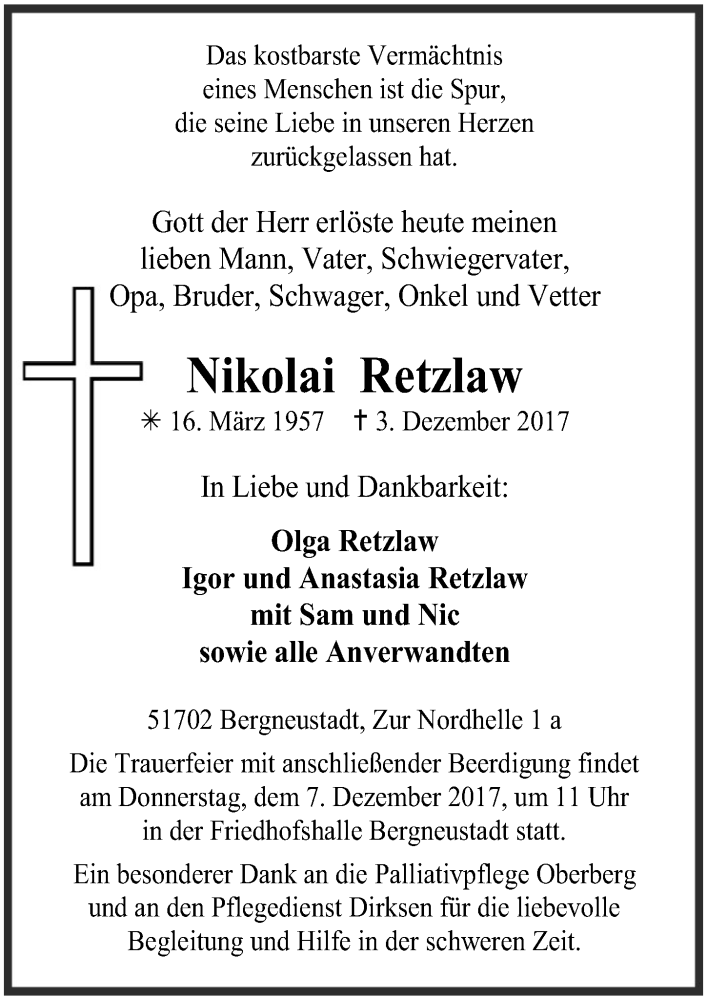  Traueranzeige für Nikolai Retzlaw vom 06.12.2017 aus  Anzeigen Echo 