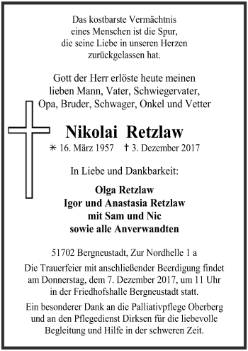 Anzeige von Nikolai Retzlaw von  Anzeigen Echo 