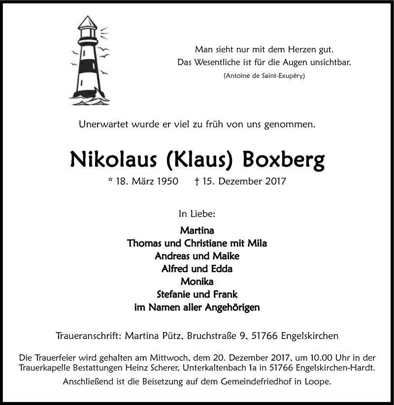  Traueranzeige für Nikolaus (Klaus) Boxberg vom 18.12.2017 aus Kölner Stadt-Anzeiger / Kölnische Rundschau / Express