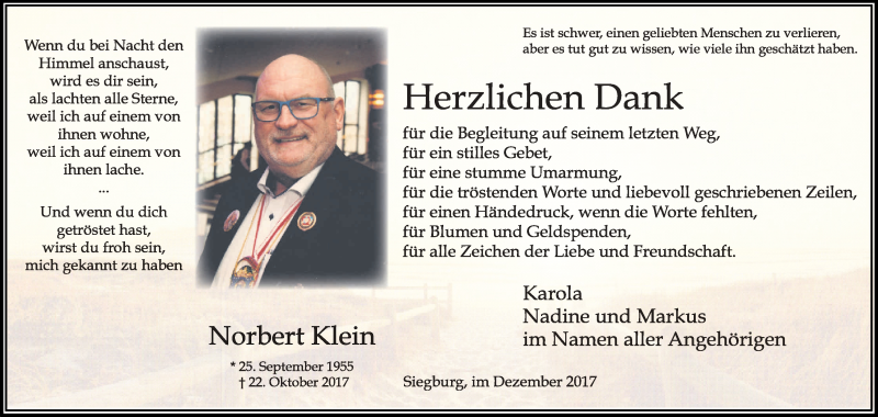  Traueranzeige für Norbert Klein vom 09.12.2017 aus Kölner Stadt-Anzeiger / Kölnische Rundschau / Express