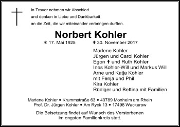 Anzeige von Norbert Kohler von Kölner Stadt-Anzeiger / Kölnische Rundschau / Express